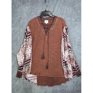 Sterling & Stitch Womens Brown Waffle Knit Lace Up Aztec‎ Print Sleeve Top S